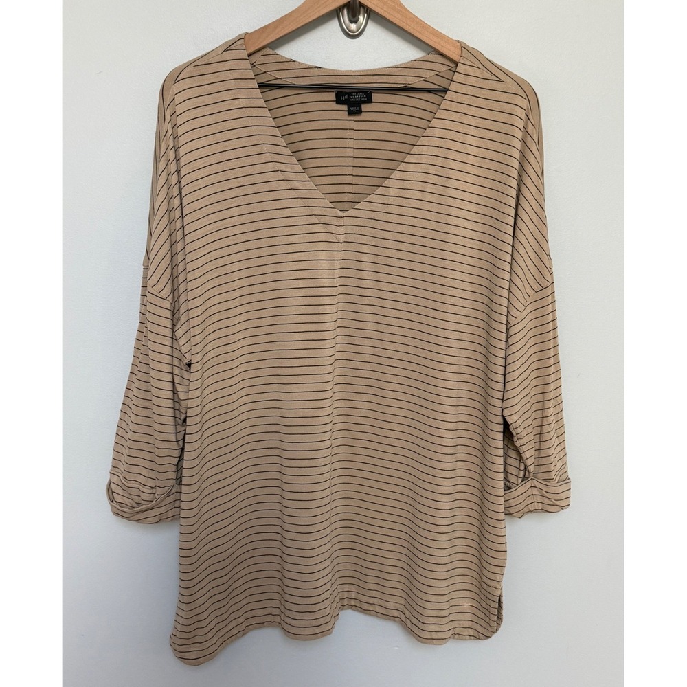 J. Jill Wearever Collection V-Neck Striped Tunic Top Tan Black 3/4 Sleeve XL